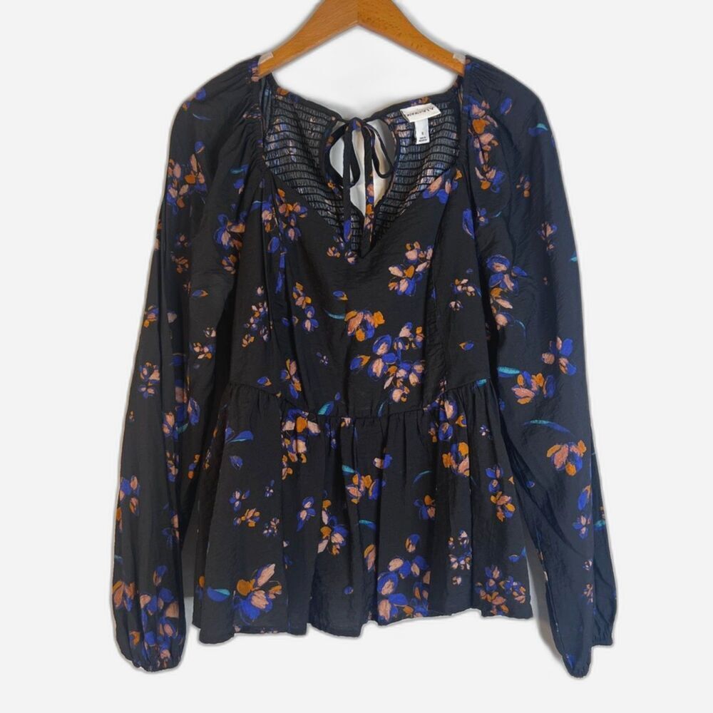 Ava & Viv Navy Floral Boho Puff Sleeve Peplum Vneck Blouse Size X(14W)